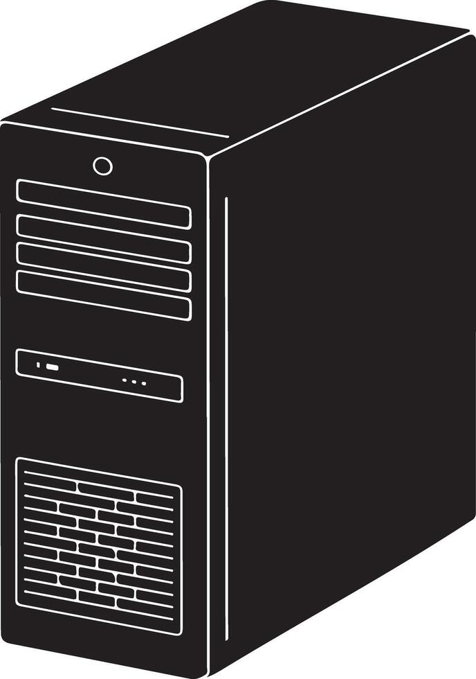 Black computer tower silhouette isolated on white background for technology and data processing concepts vector