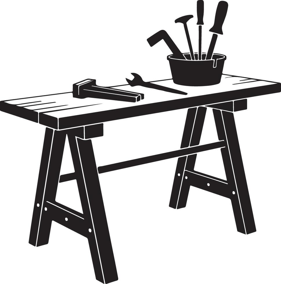 Silhouette of a workbench with tools and a bucket of instruments isolated on white background vector