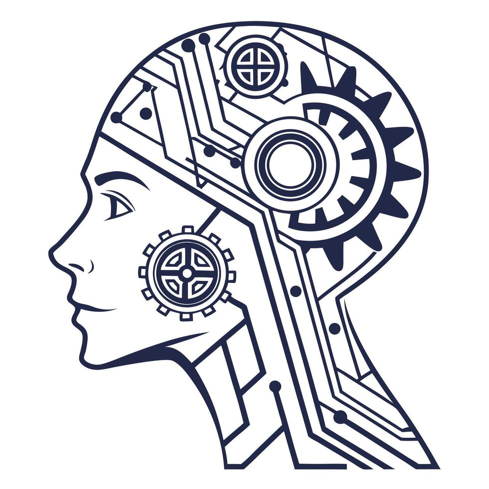 Futuristic human head profile with circuitry and gears symbolizing artificial intelligence vector