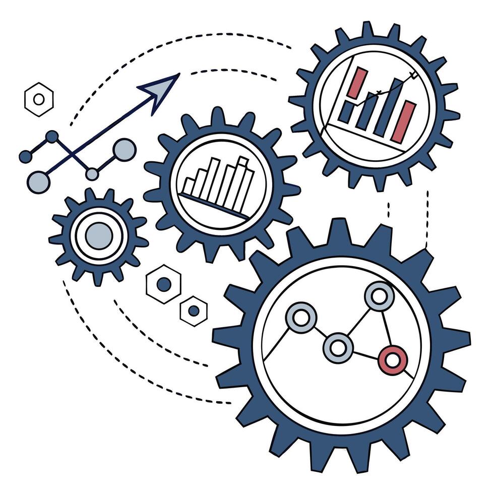 Complex system interconnected gears representing data analysis and business growth vector