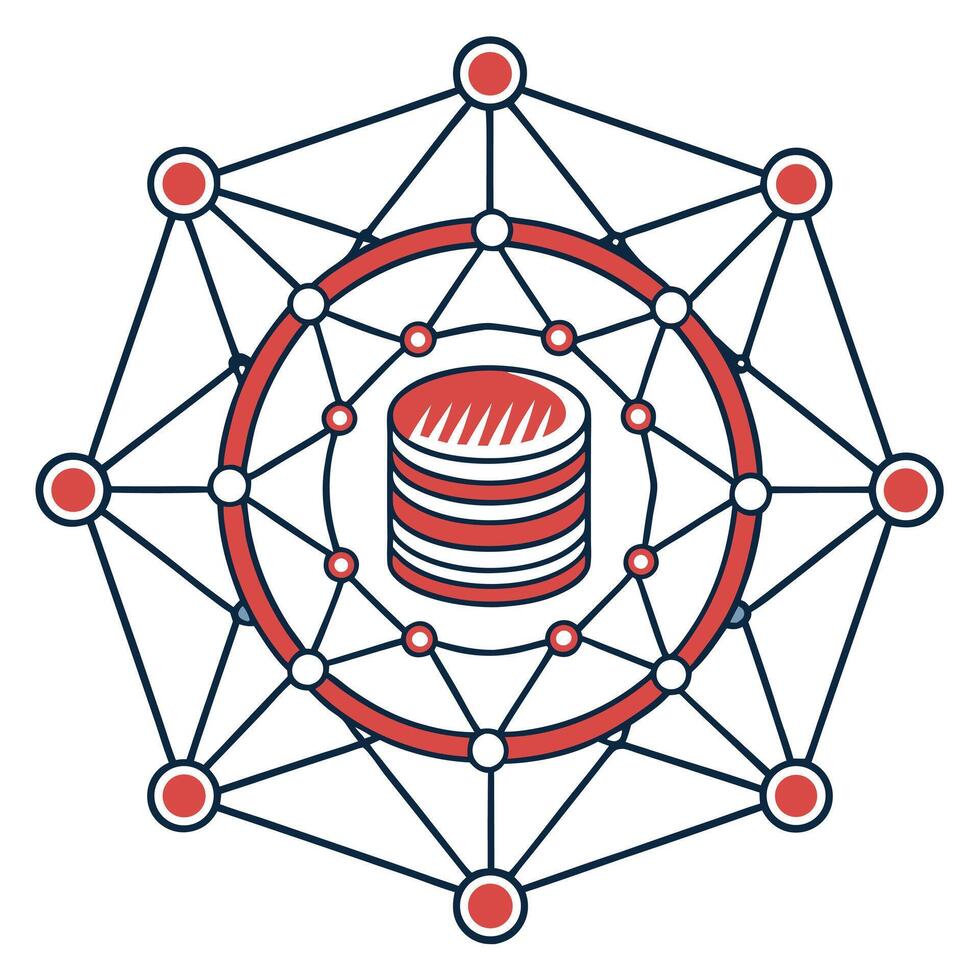 Abstract network graph visualization with central database icon representing data connectivity and information flow vector