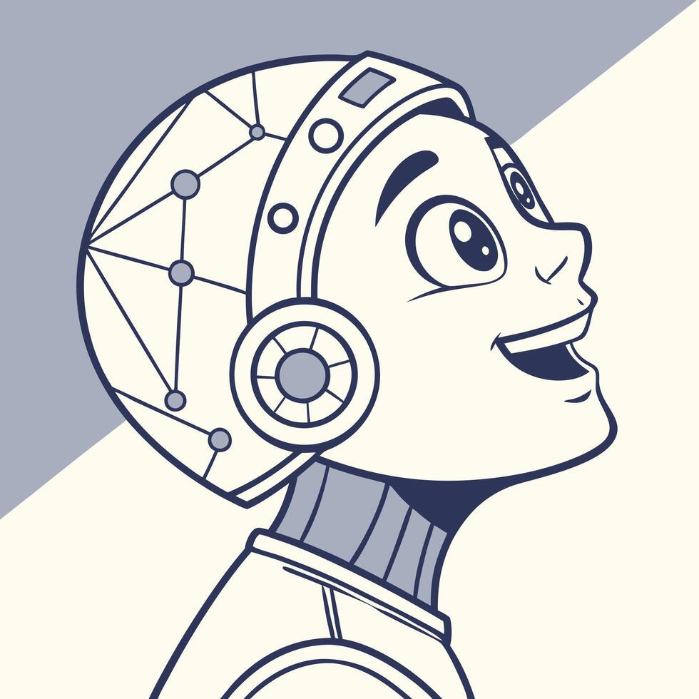 Cartoon robot boy looking up with joyful expression digital art character design vector
