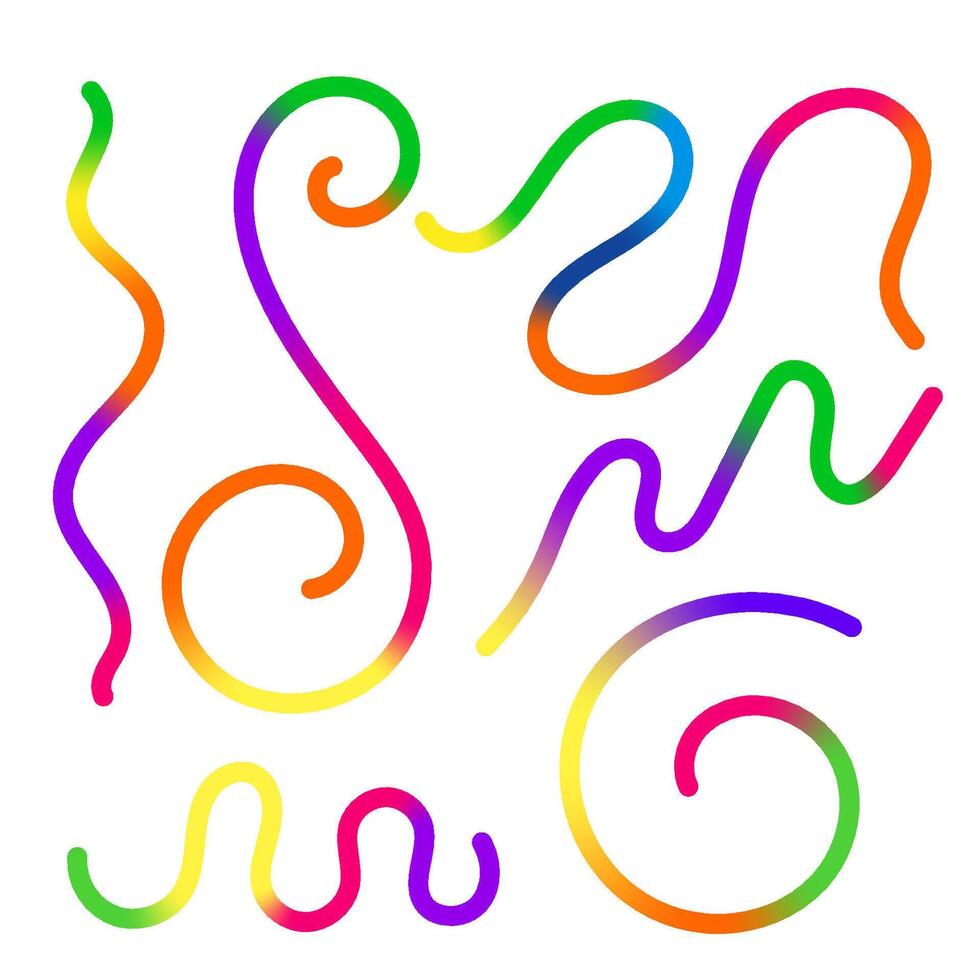 Raster Abstract Colored Gradient Shapes Set. Squiggly Design Elements. Graphic with Wavy Lines in Rainbow Colors. Colorful Fluid Wave Pattern. vector