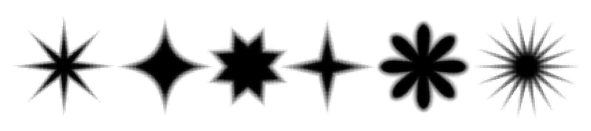 Halftone abstract dots star. Gradient stippled gradation sparkles and glowing light burst. Design elements vector