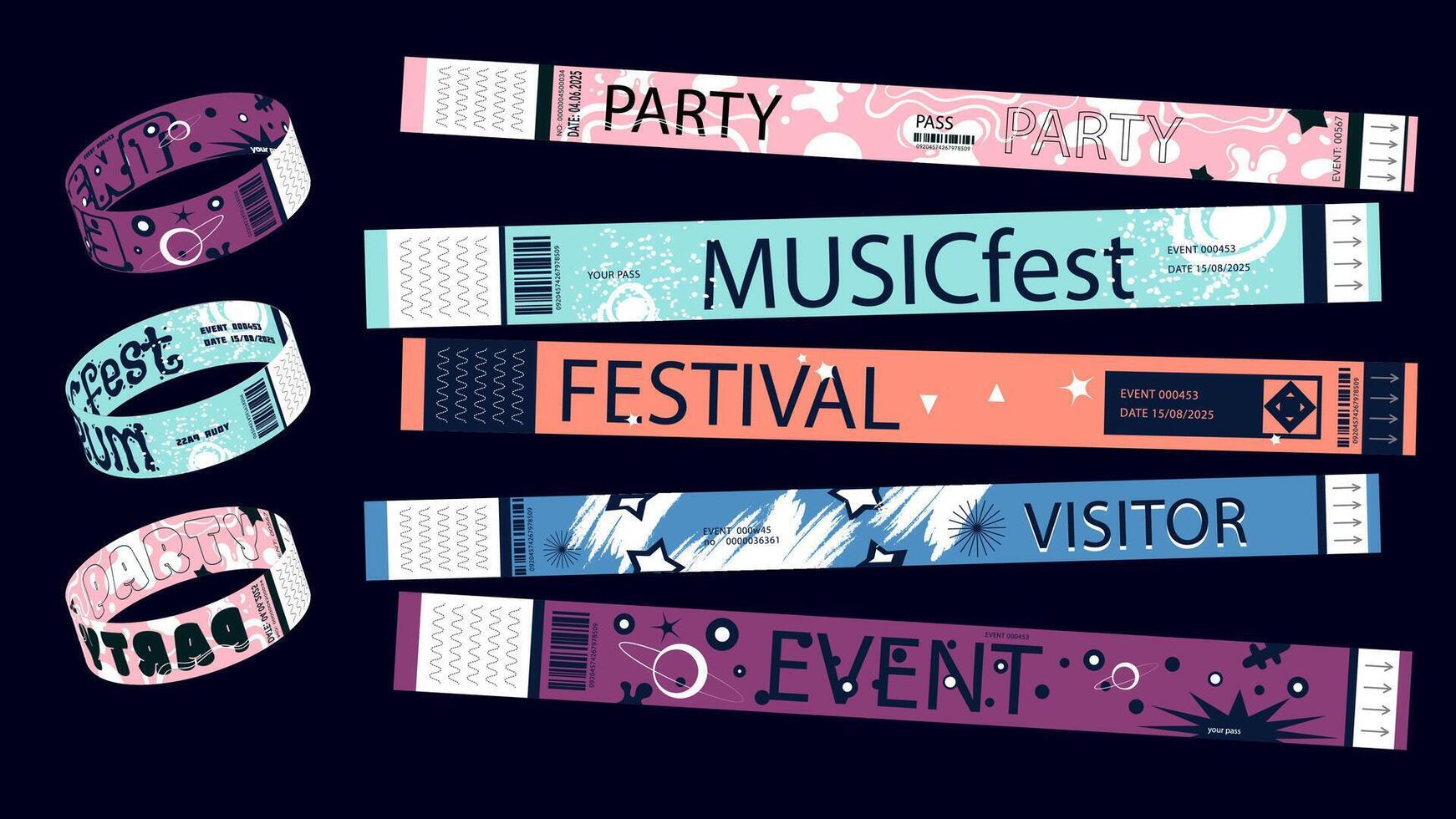 Y2k event party bracelet design. Retro modern pass ticket set for nightclubs entrance access. Identification wristband patterns for visitors entry, id labels for security control. illustration. vector