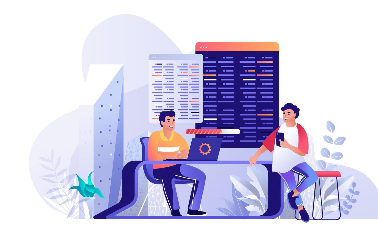 Programmers collaborating with laptops in workspace vector