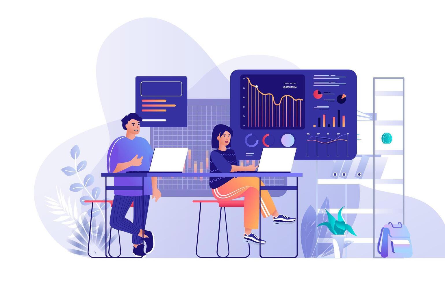 Team analyzing data in a modern workspace vector