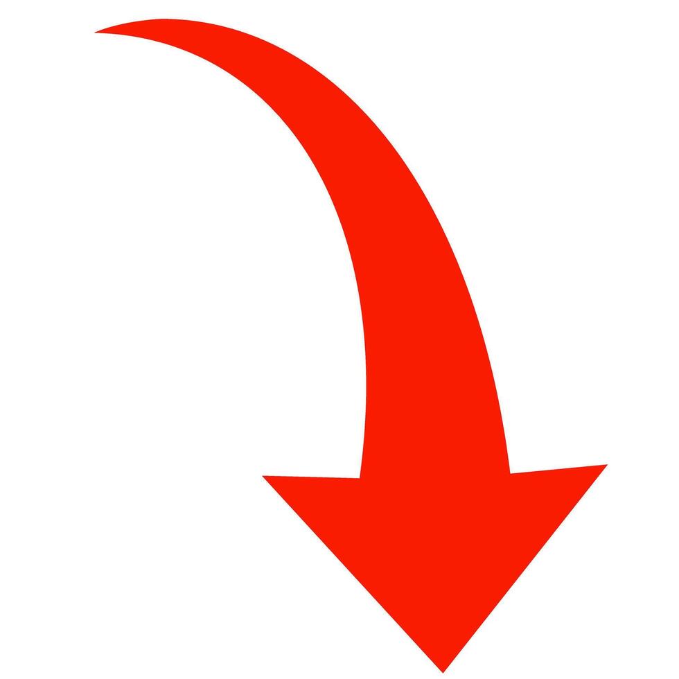 Red curved arrow pointing down on white background indicating direction vector
