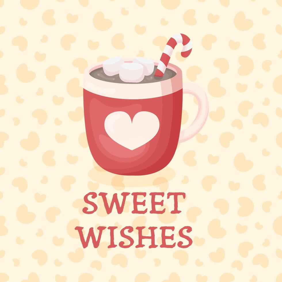 A cozy holiday greeting card featuring a red mug of hot cocoa with marshmallows and a candy cane. Designed in a flat cartoon style on a beige background with heart patterns. vector