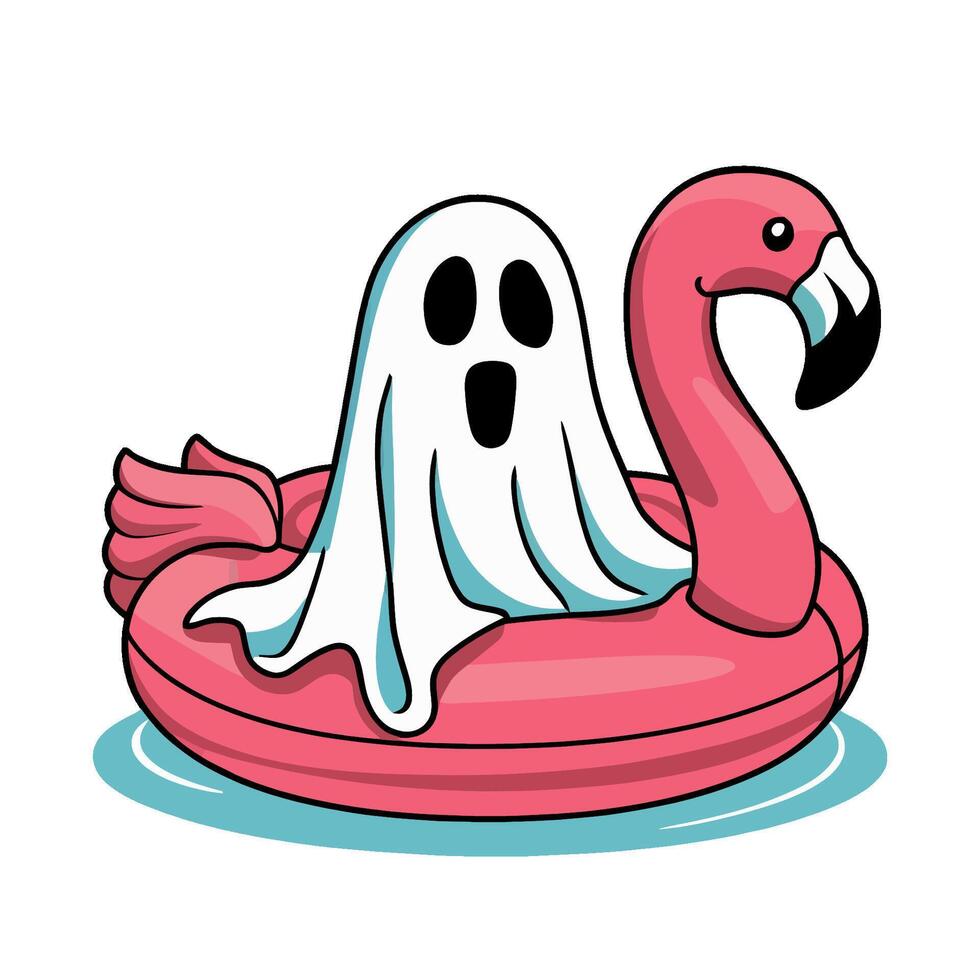 A whimsical ghost draped in a white sheet sits playfully on a vibrant pink flamingo pool float. vector