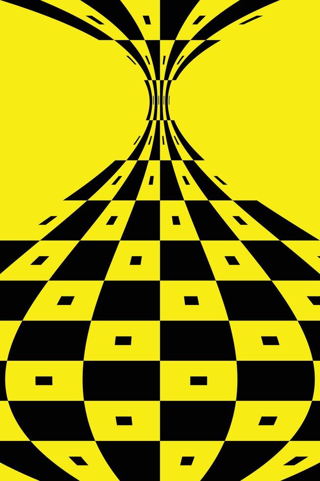 Abstract black and yellow checkerboard with fisheye optical illusion effect. Vibrant geometric warped pattern background, perfect for digital design and modern art concepts vector