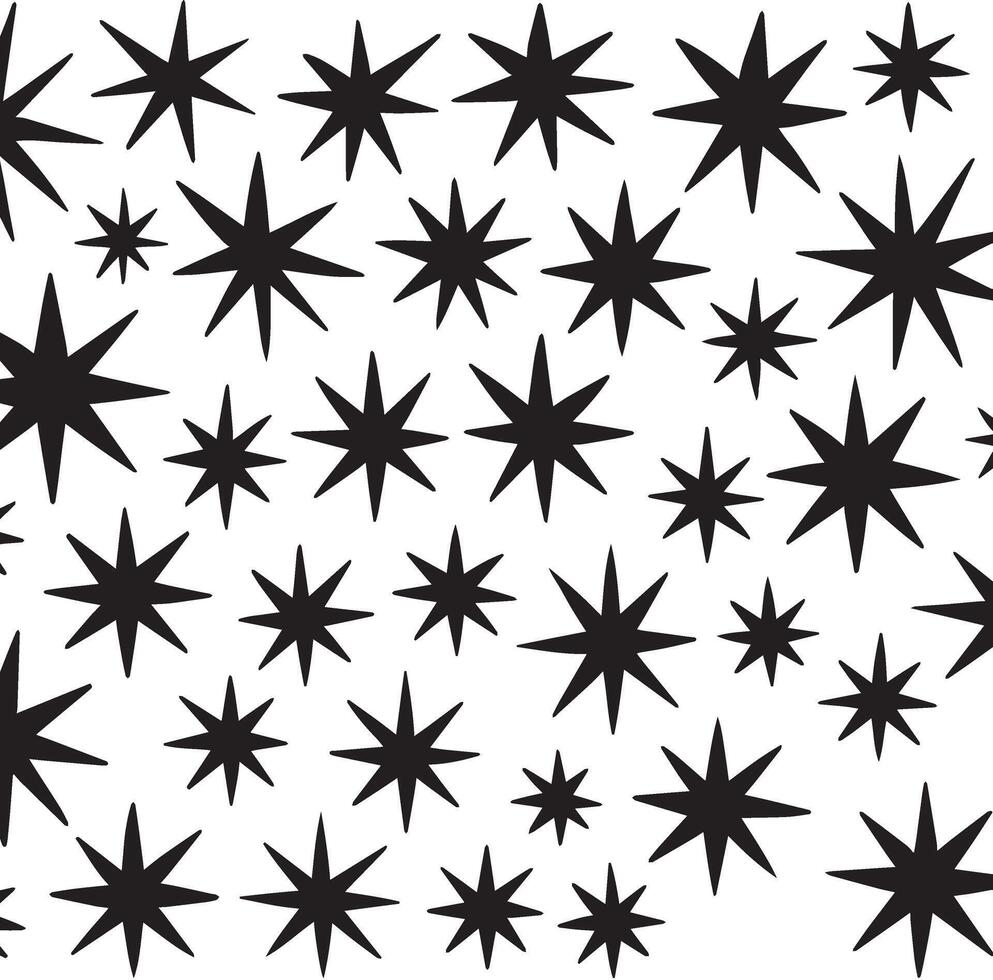 A scatter of black starburst shapes with varying points and sizes on a white background vector