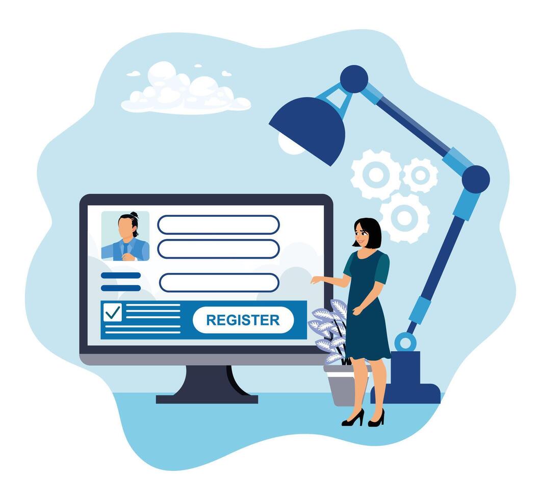 Woman interacting with online registration vector