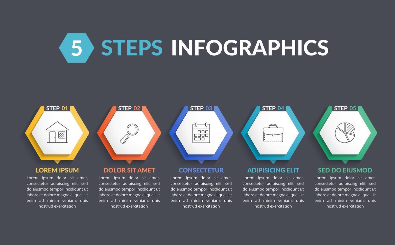 Infographic template with 5 hexagons with line icons, process chart, creative business infographics, dark background vector