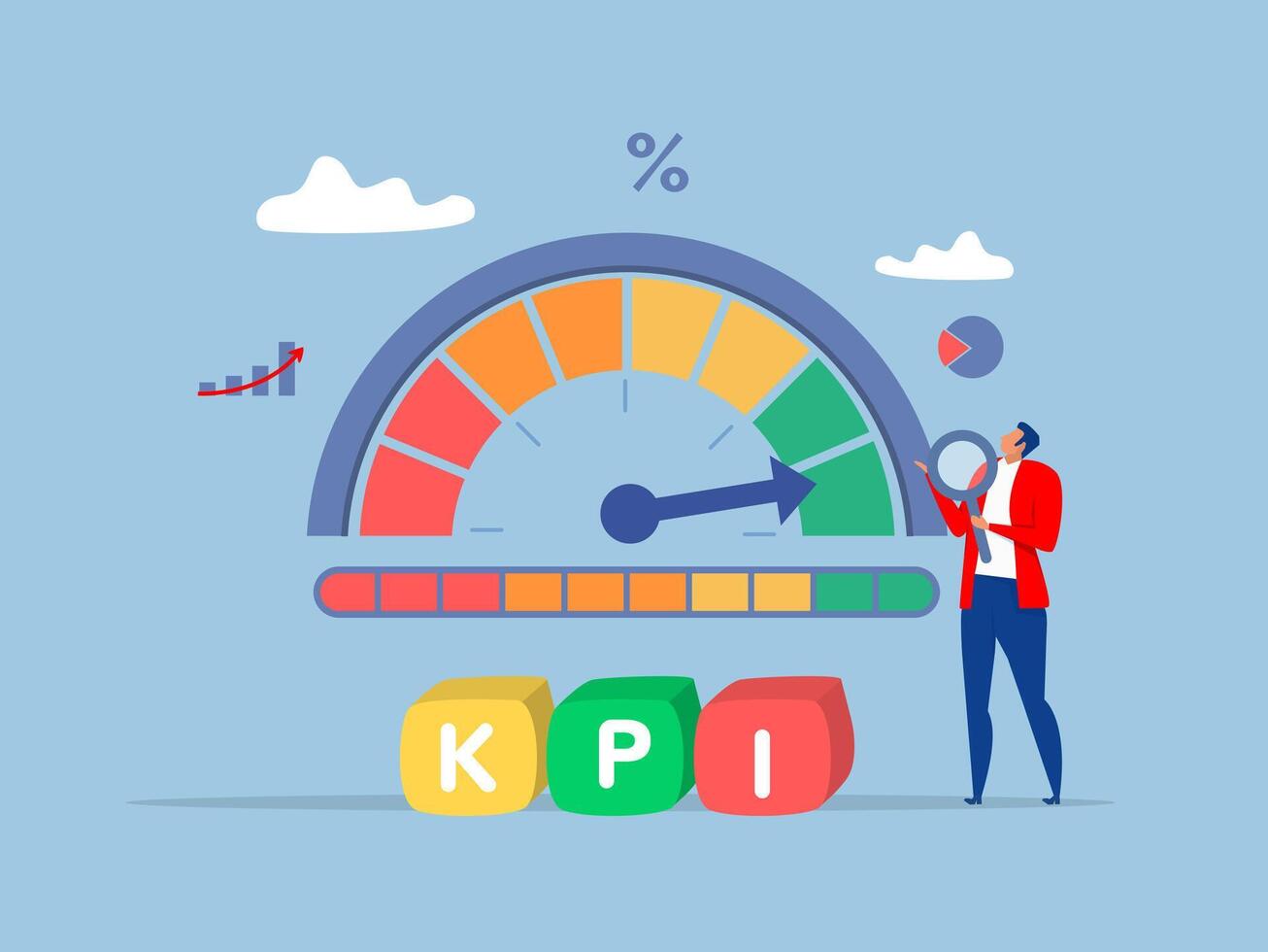 businessman magnify benchmark metric graph scale.Benchmark performance or KPI key performance indicator vector