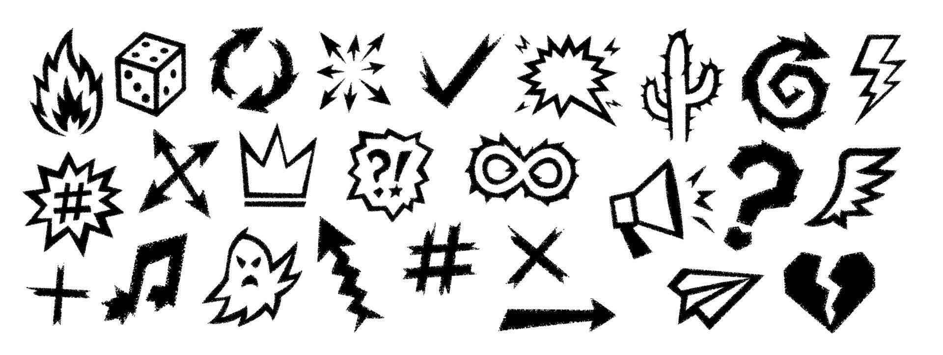 Crayon icon art displays hand drawn arrow sketch, pencil line strokes and rough doodle shapes. Crayon icon set includes cartoon marks, graphic signs and simple design elements. vector