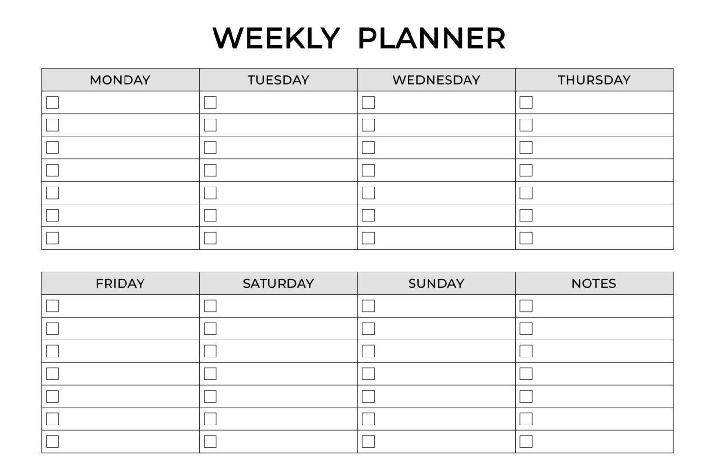 Weekly planner template in minimal style for organizing tasks. Clean and minimalist weekly planner template. Perfect for personal time management and productivity planning. Easy to customize and print vector