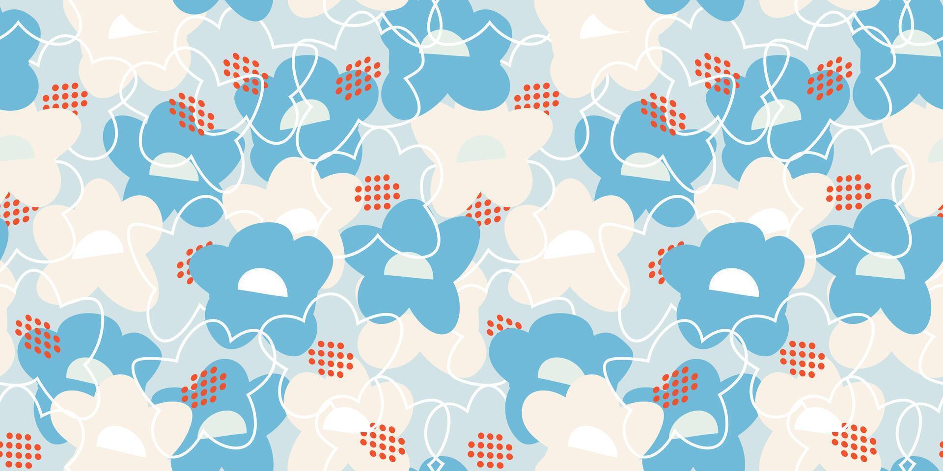 Seamless floral pattern with abstract hand drawn flowers in blue, white, on a light background. The playful doodle style lines create a modern, artistic, and vibrant composition vector