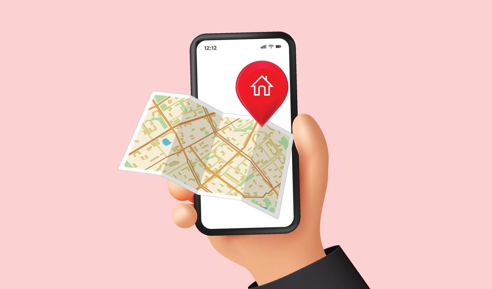 Map displayed on smartphone with location pin vector
