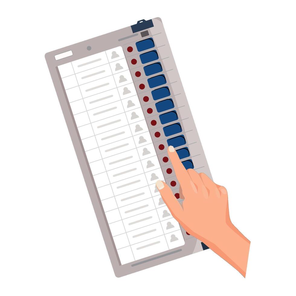 Hand pressing a button on an electronic voting machine with labeled rows and indicator lights vector