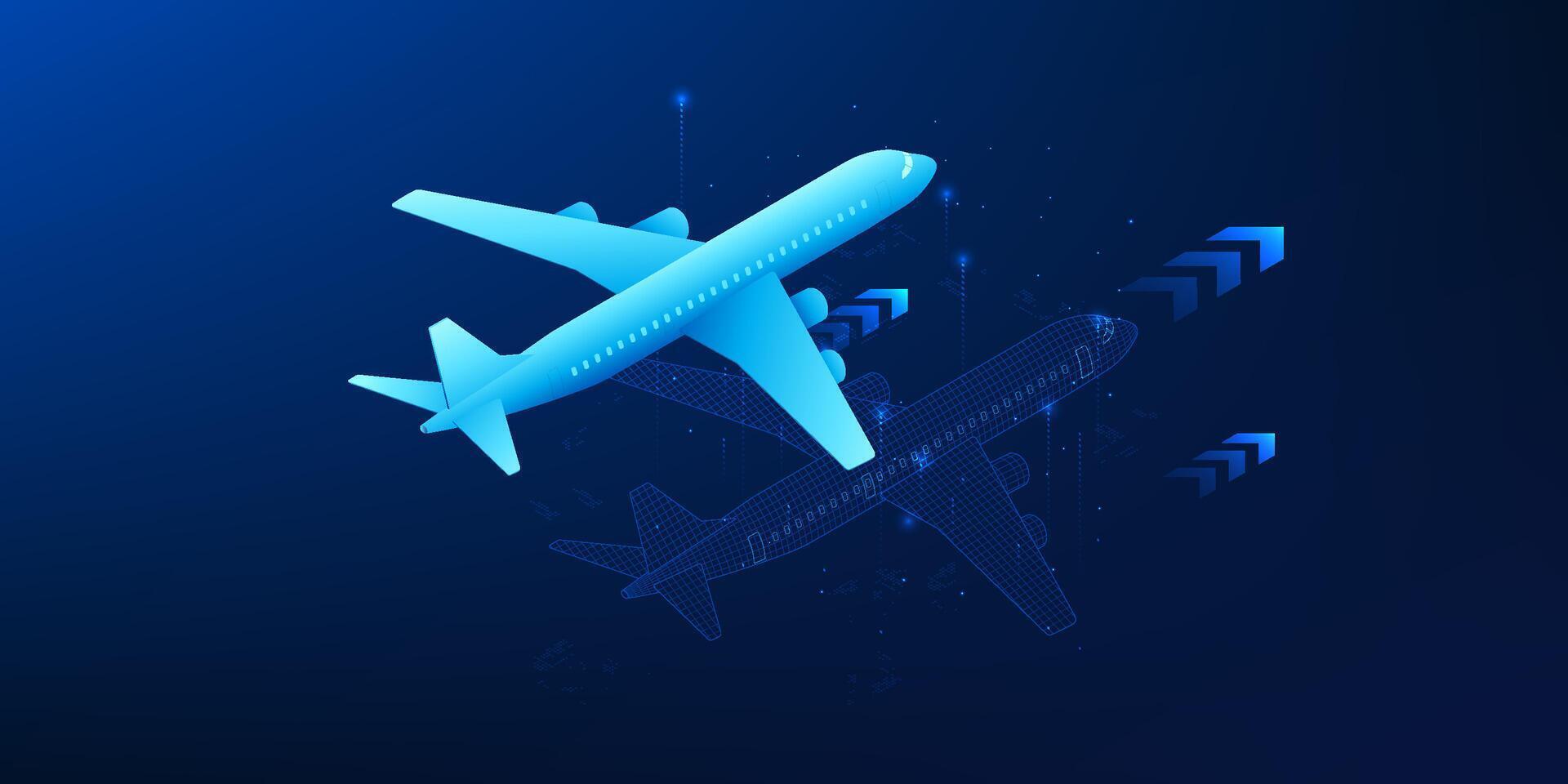 Digital twin technology illustration of an airplane with holographic simulation model, representing aviation, flight simulation, aerospace innovation, and smart maintenance vector