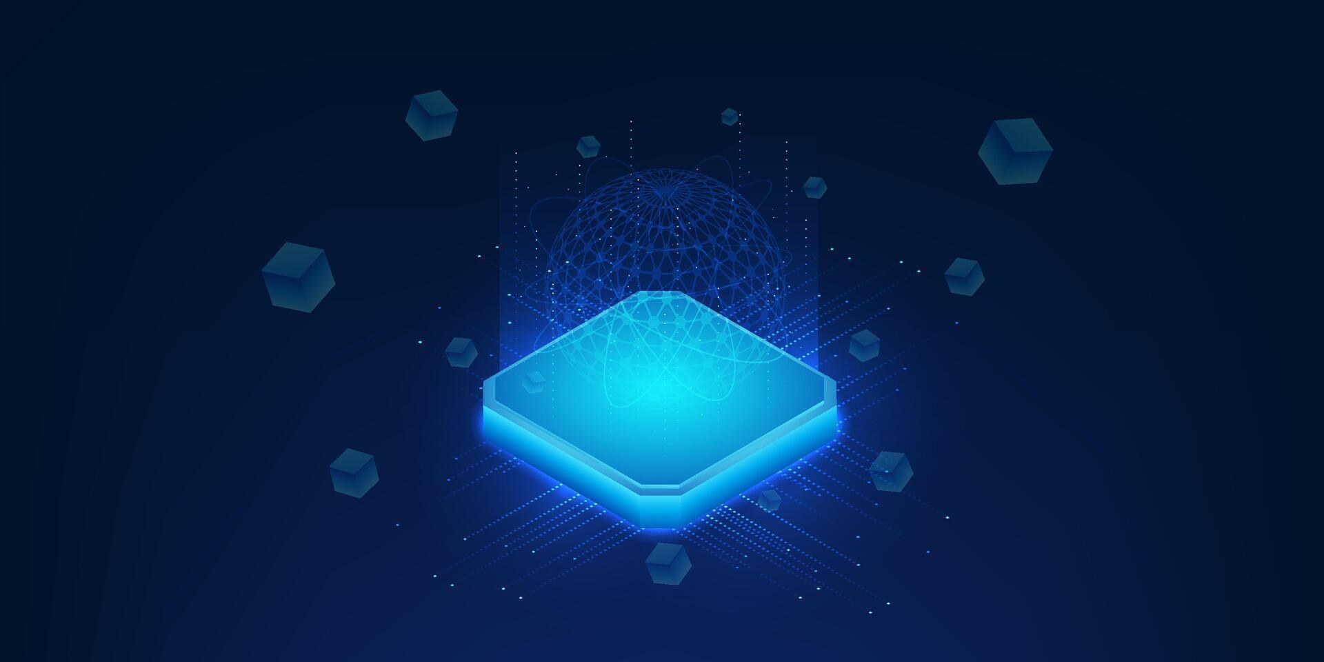 Quantum computing technology illustration, futuristic microchip board with quantum processor on top, glowing data flow and particles, symbolizing high-performance computing and future innovation vector