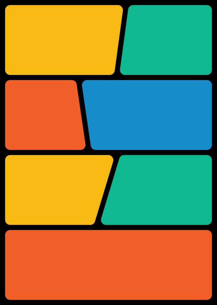 Colorful layout featuring a dynamic arrangement of rectangles and trapezoids against a black backdrop, ideal for infographics, presentations, and creative designs. comic layout vector