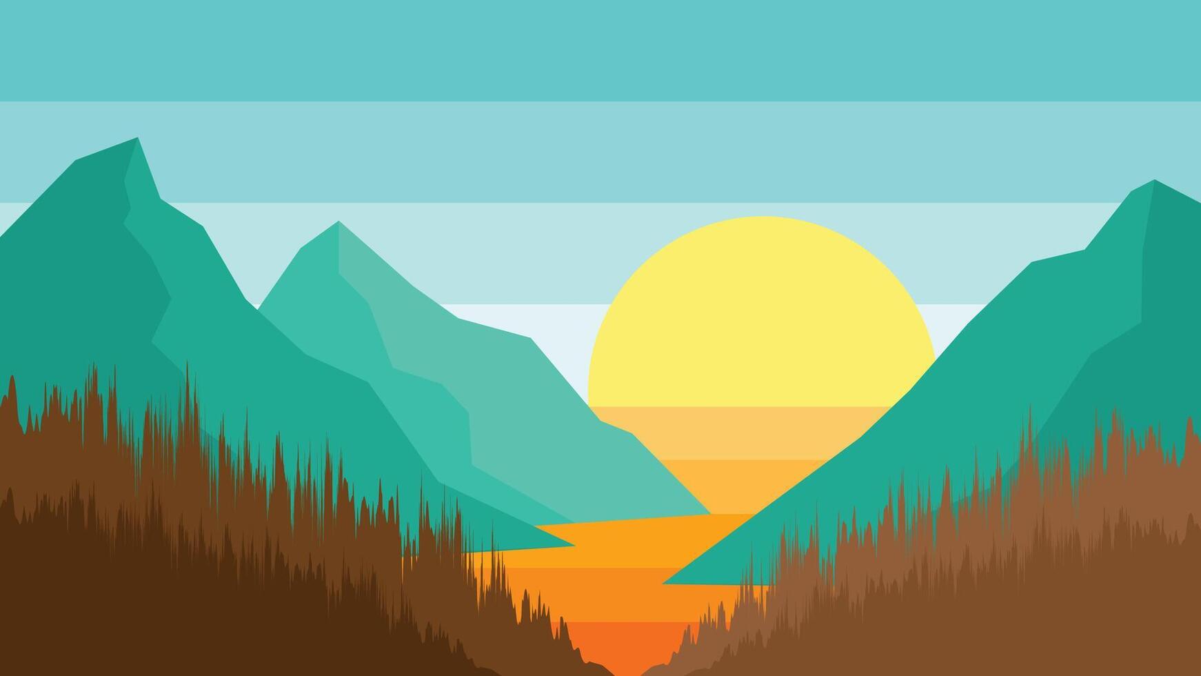 Beautiful Vibrant flat design of a scenery background of forest and sun with soft color vector