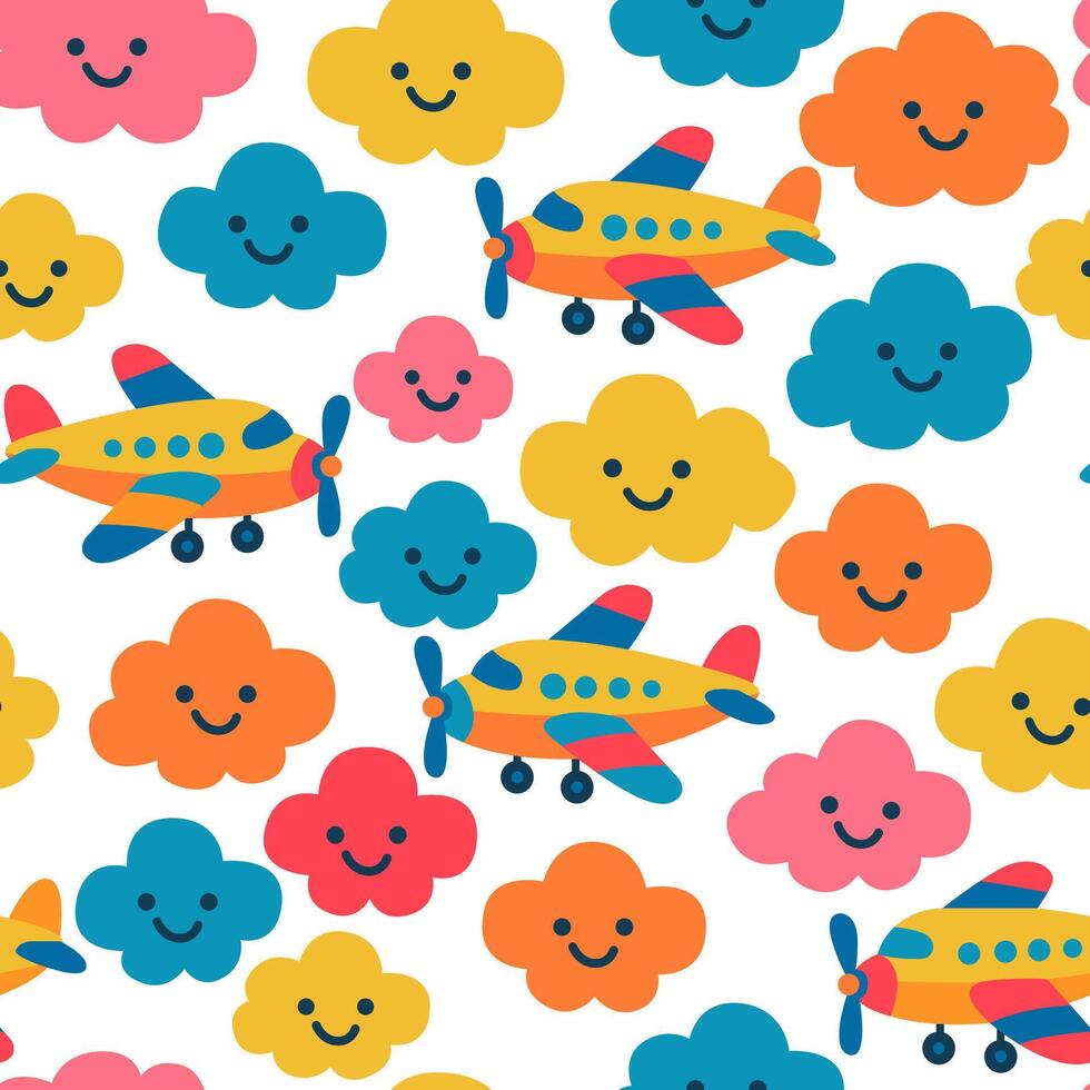 Bright seamless pattern with clouds and airplanes on a white background. vector