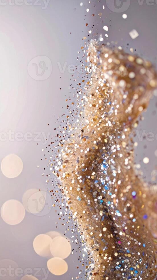 Golden Glitter Particles Floating Against Soft Bokeh Background with Sparkling Highlights photo