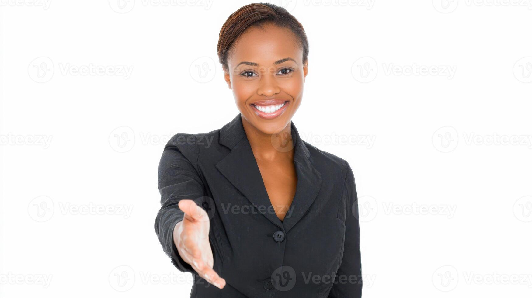 Young professional smiling and extending hand for introduction in a bright studio setting photo