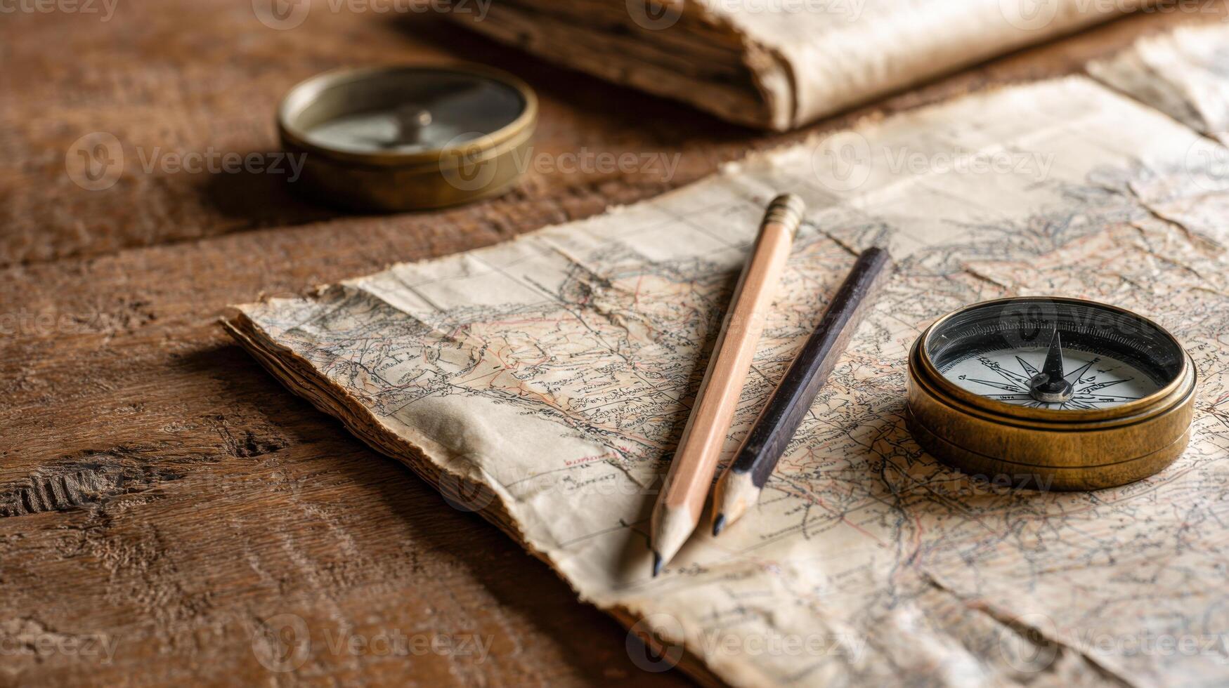 Close-up view of a wooden table with unfolded WWII maps and navigation tools photo