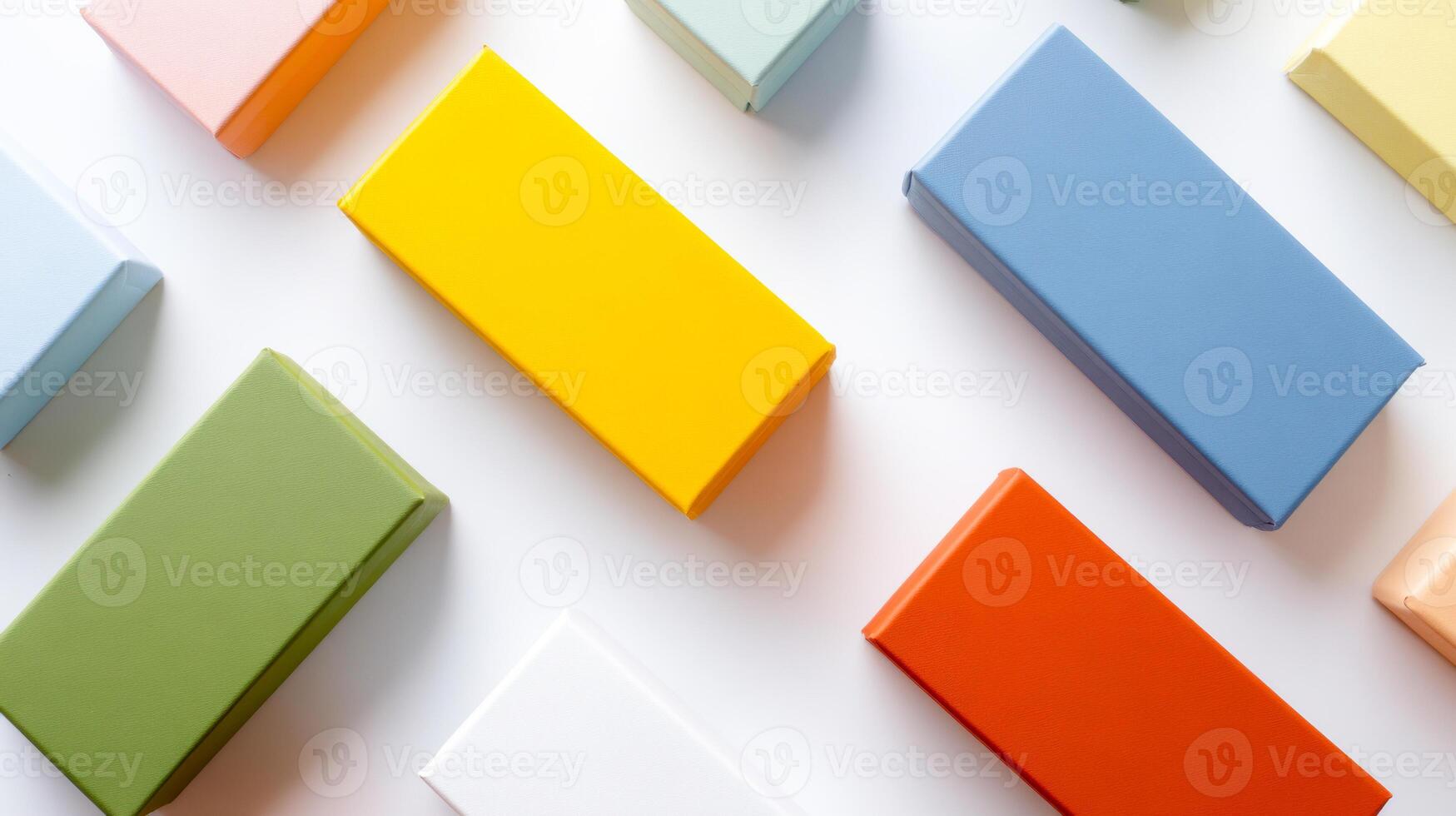 Brightly colored rectangular objects arranged in a creative flat lay composition photo