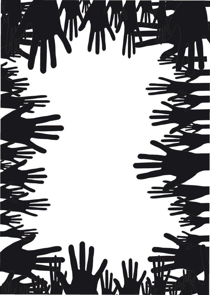 Many hands reaching out creating a frame with white space vector