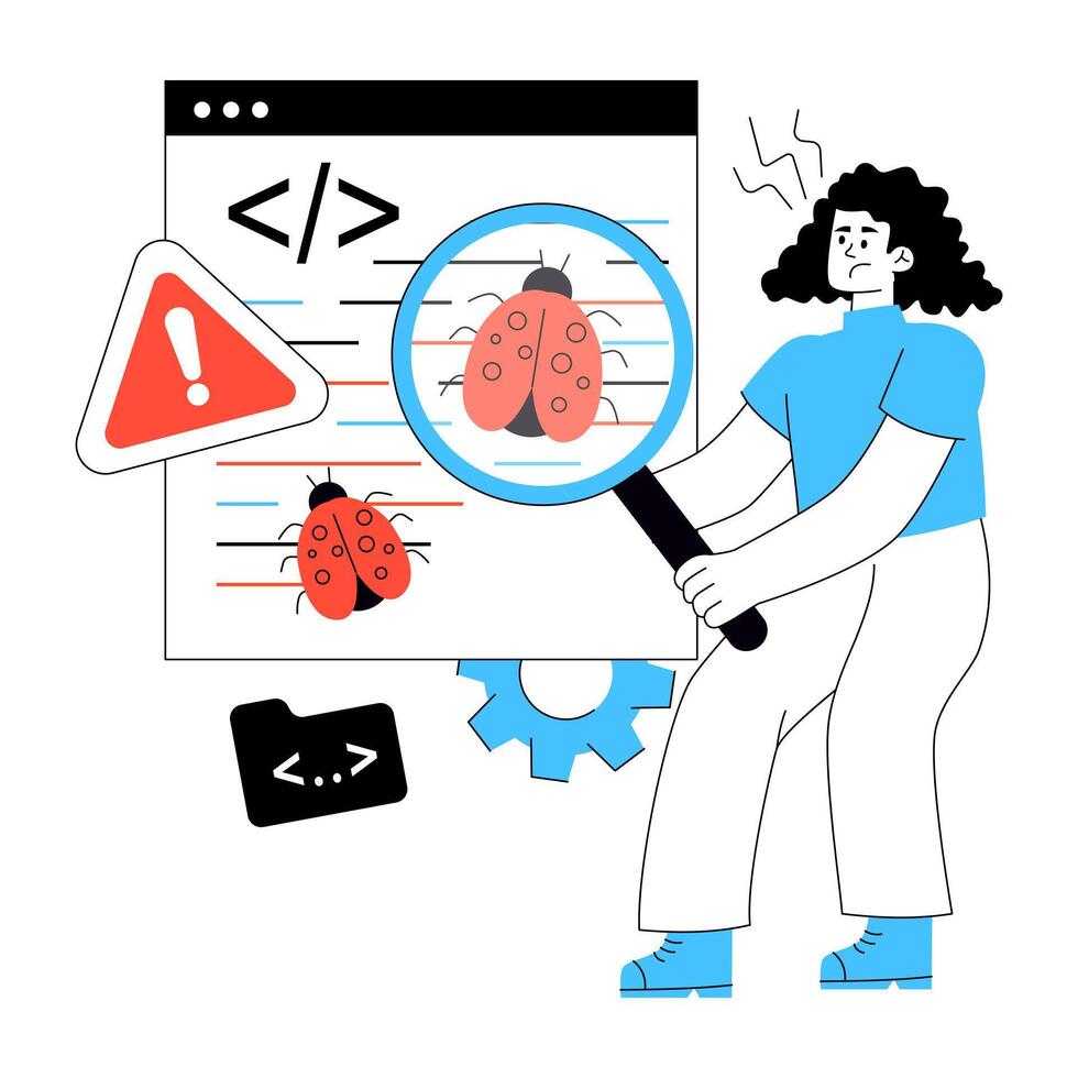 Person debugging code with magnifying glass vector