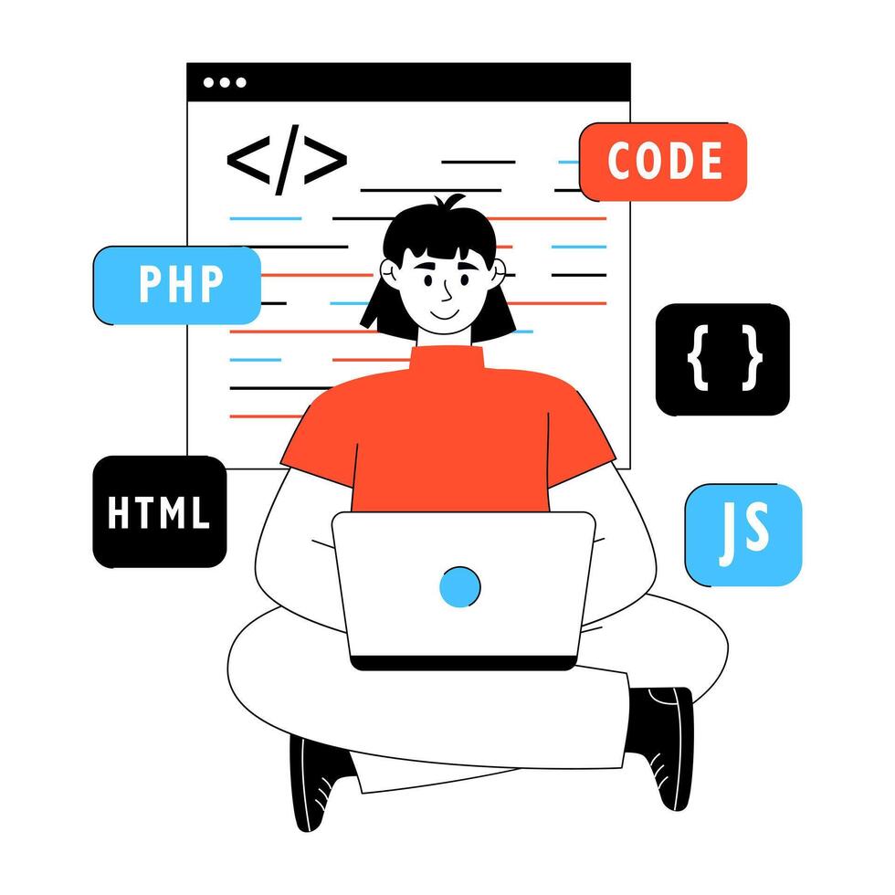 person coding with laptop and programming languages vector