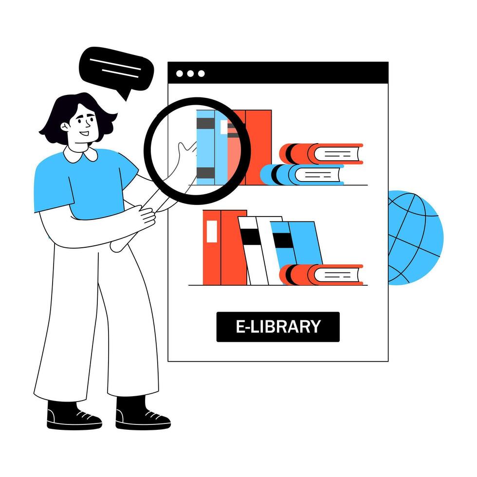 Person exploring e-library with magnifying glass vector