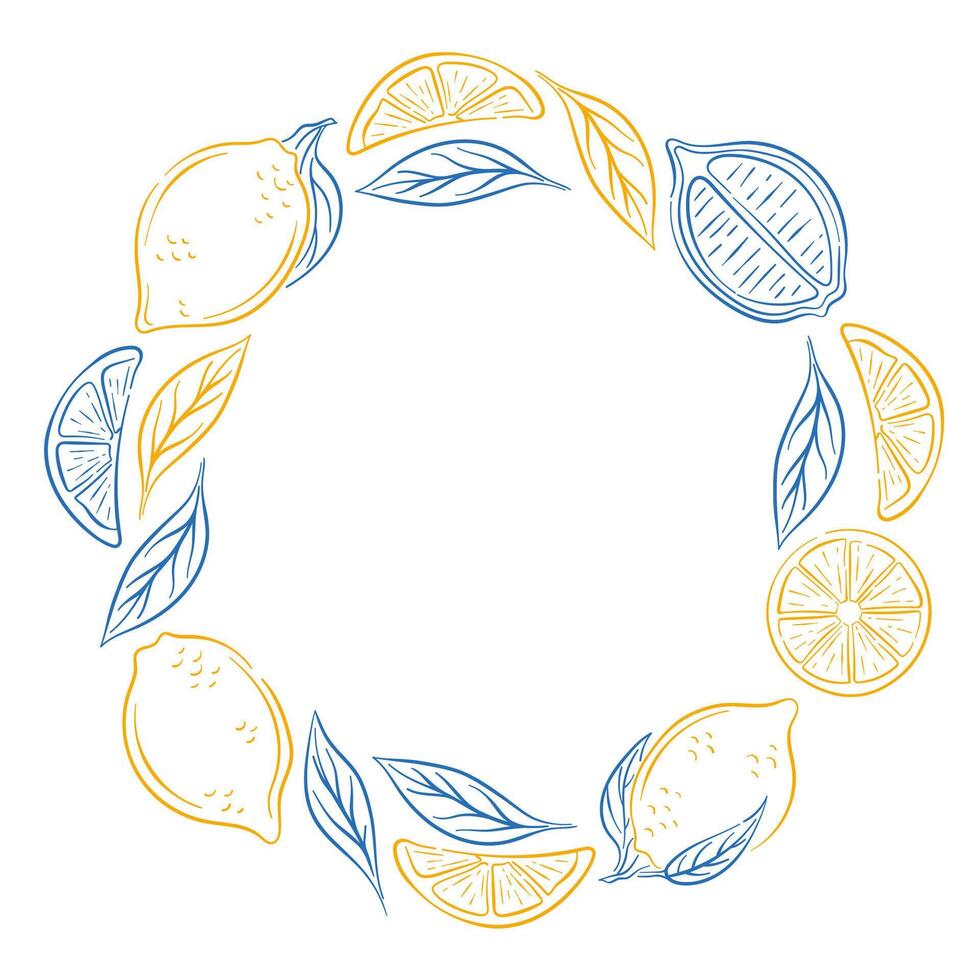 Lemon slice and leaf arranged in a circular frame on a white background in line art style for wedding invitation and greeting cards. vector