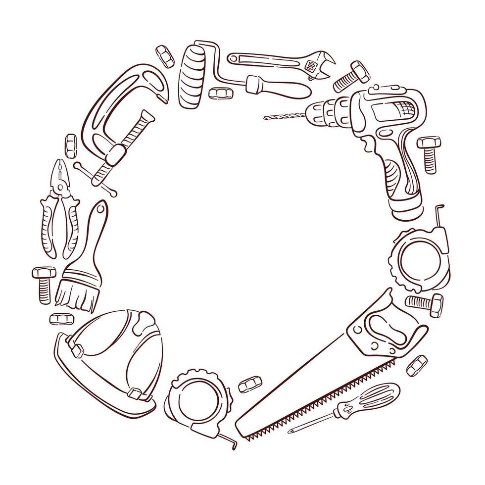 Repair hand tool and construction equipment arranged in a circular frame on a white background in line art style. vector