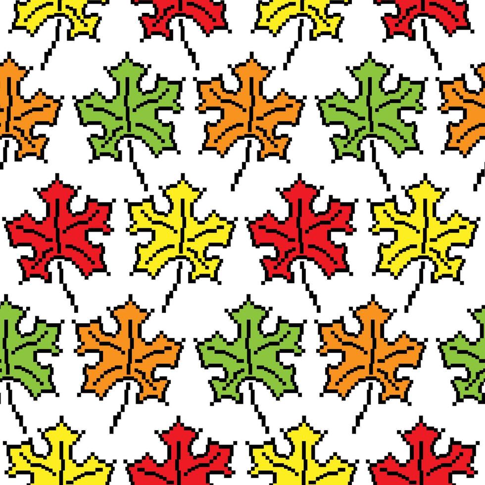 Seamless pixel art maple leaf pattern with vibrant autumn colors in red, yellow, green, and orange. Retro 8-bit design ideal for backgrounds, textiles, digital projects, fall themes, and seasonal deco vector