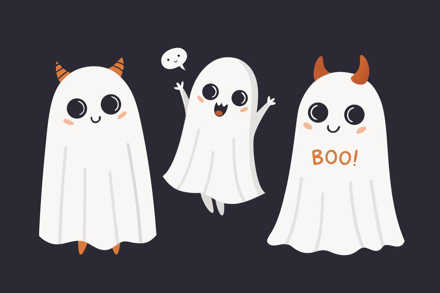Whimsical Ghost Characters in White Sheets with Devil Horns and Boo Message for Halloween Illustrations vector