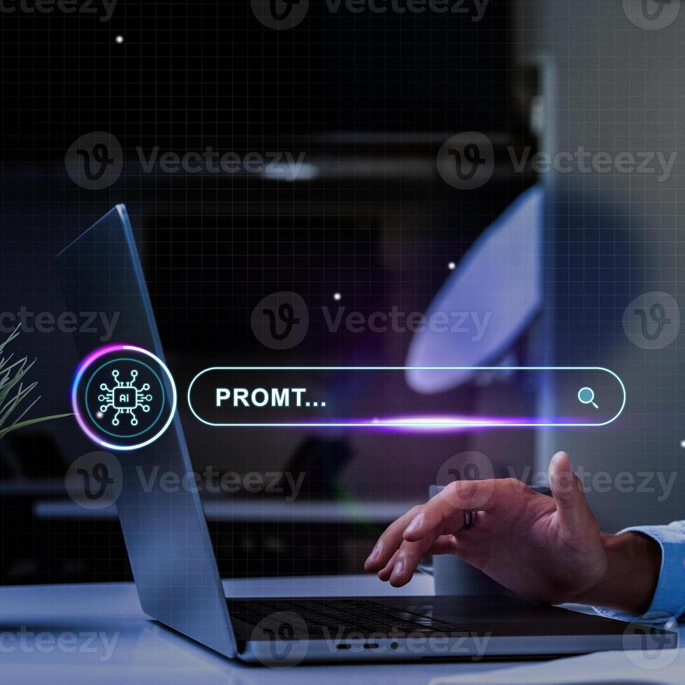 User interacts with a laptop displaying a digital search bar for prompt-related inquiries in a modern workspace photo