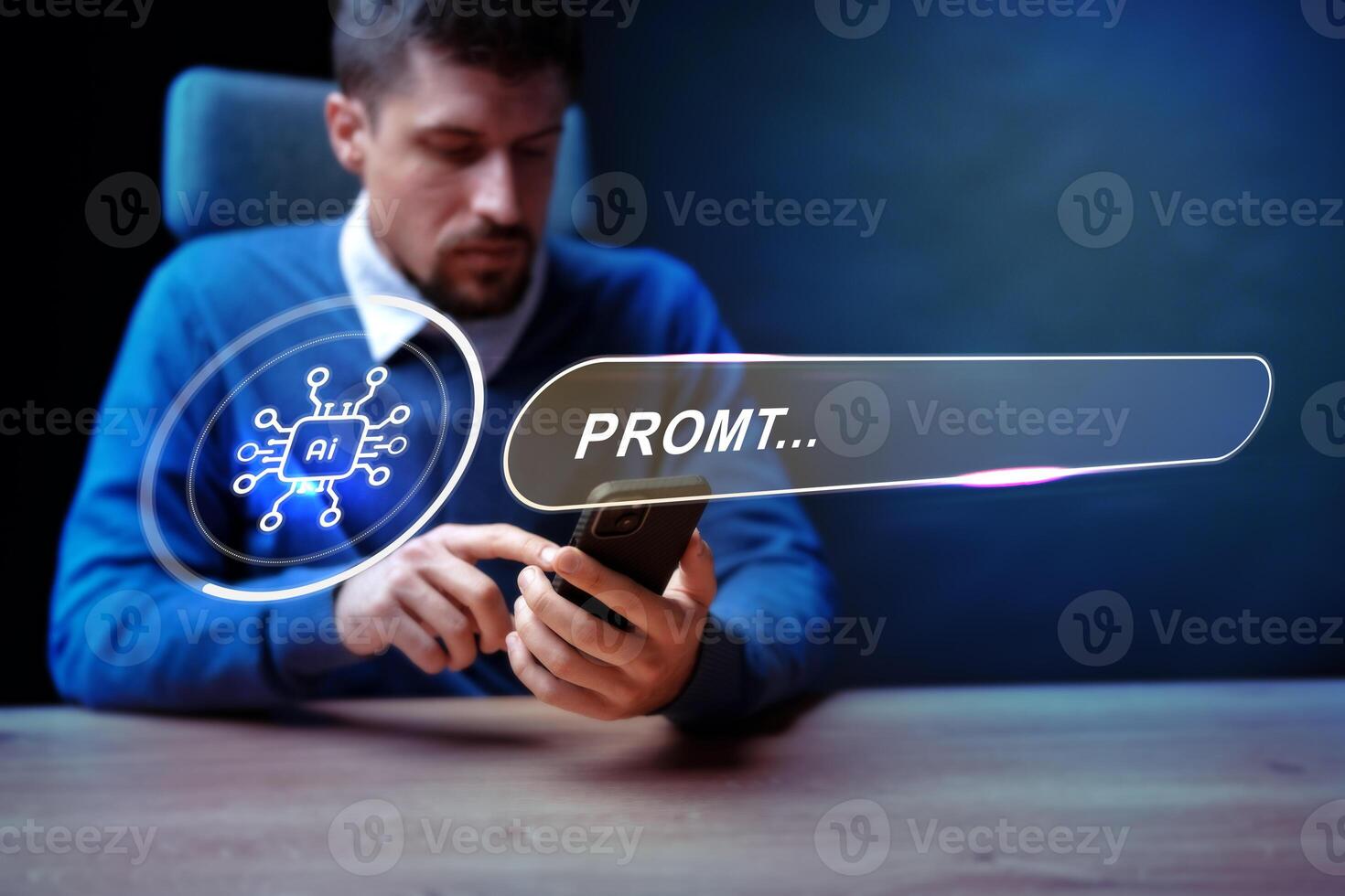 Man interacting with smartphone displaying AI features in a dimly lit workspace in the evening photo