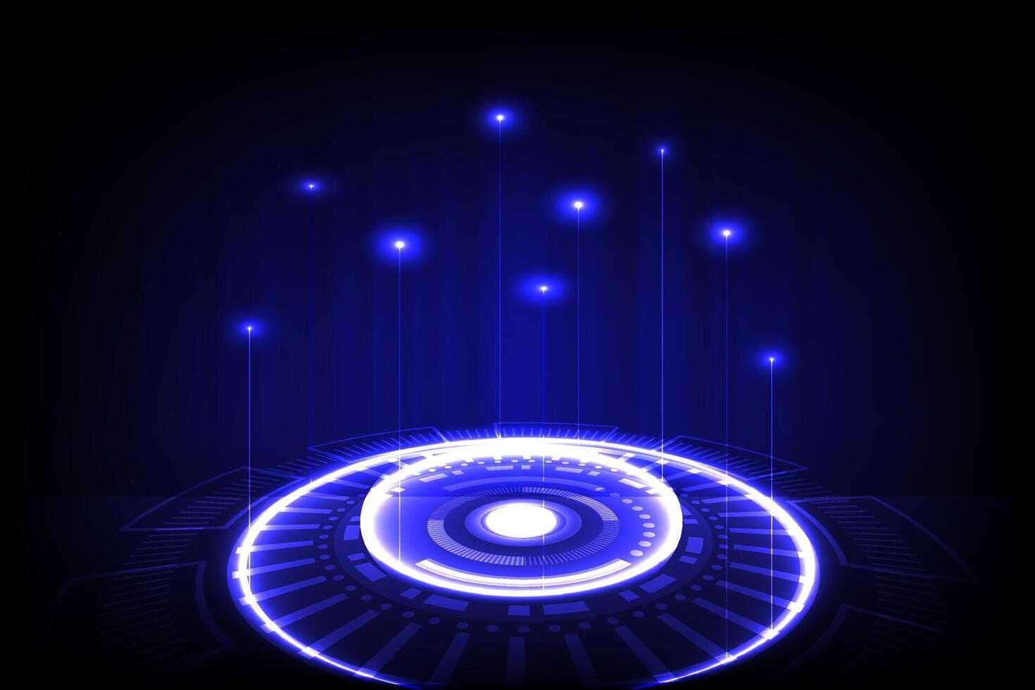Abstract technology background featuring a glowing blue circle with digital light beams and futuristic UI elements vector