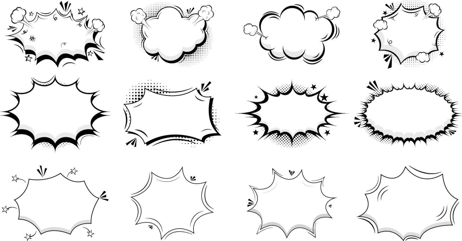 Set of comic speech bubbles and explosion frames in hand drawn style. Minimal black outline shapes for dialogue, action, and retro cartoon effects. vector