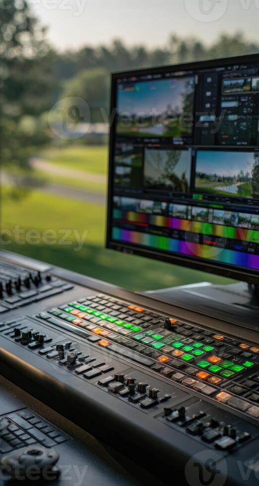 A computer monitor with multiple screens and a keyboard photo