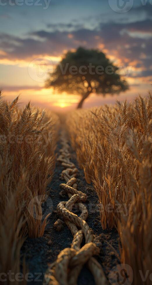 A long path in a field with a tree in the background photo