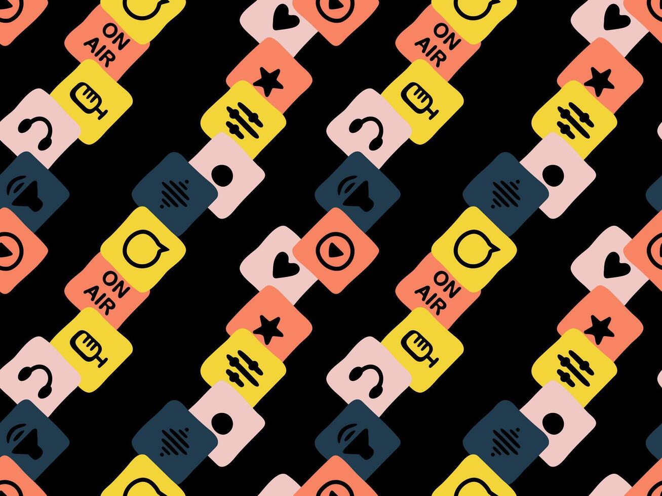 Podcast doodle pattern with music and audio icons. Seamless hand drawn background including microphone, headphones, play, ON AIR and fun sketch elements for radio, playlist and multimedia projects. vector