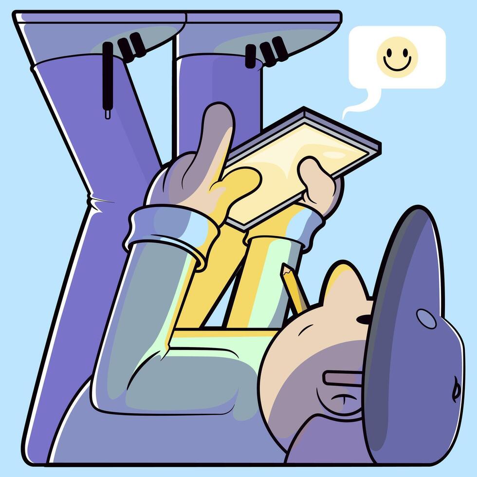 Man Working on Tablet Lying on Floor. vector