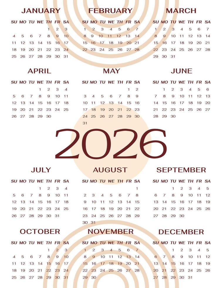 2026 year calendar vertical page template. Week Start on Sunday. Diary monthly planner of abstract boho line design vector